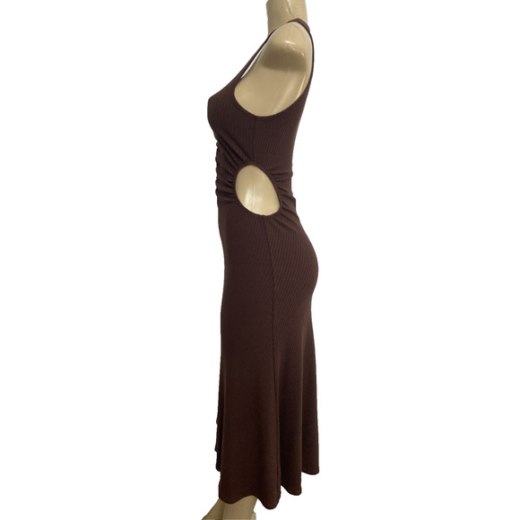Reformation Brynlee Dress Brown V Neck Sleeveless Ribbed Knit Cut Out Waist S - Picture 4 of 10